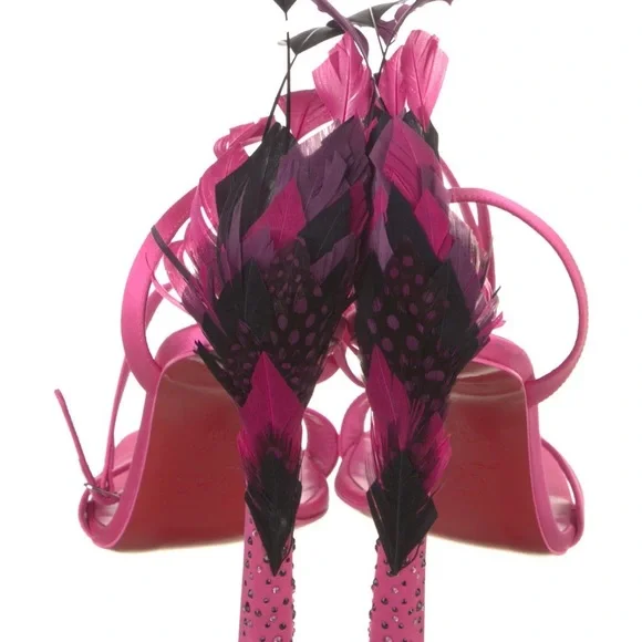 Christian Louboutin Condora feather-embellished satin pink sandals 8 New - Picture 3 of 4